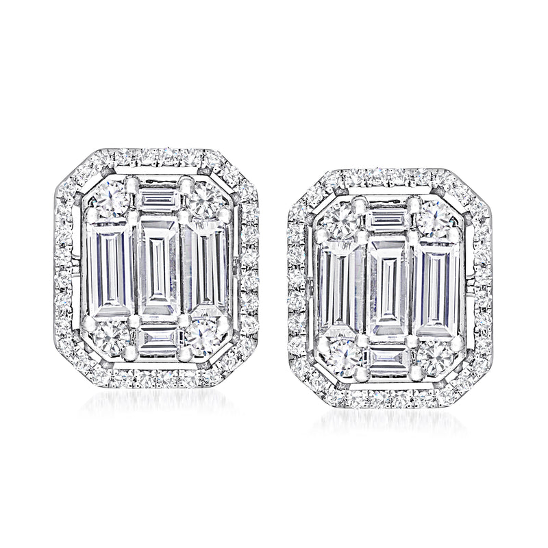 14kt white gold emerald-cut diamond stud earrings with halo