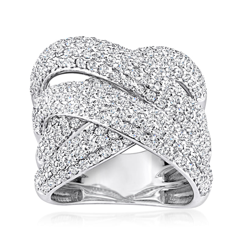 14kt white gold diamond highway-style ring with X-cross pave stones