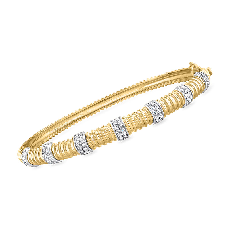 14kt yellow gold diamond station bangle bracelet with ribbed sections