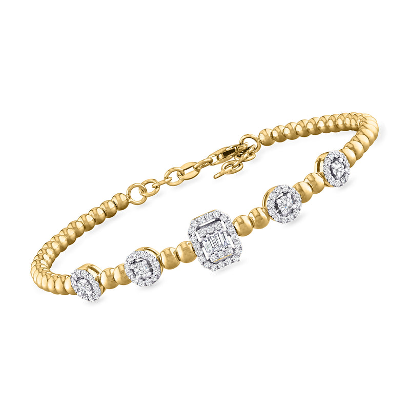 14kt yellow gold diamond bead bracelet with round and square cluster accents