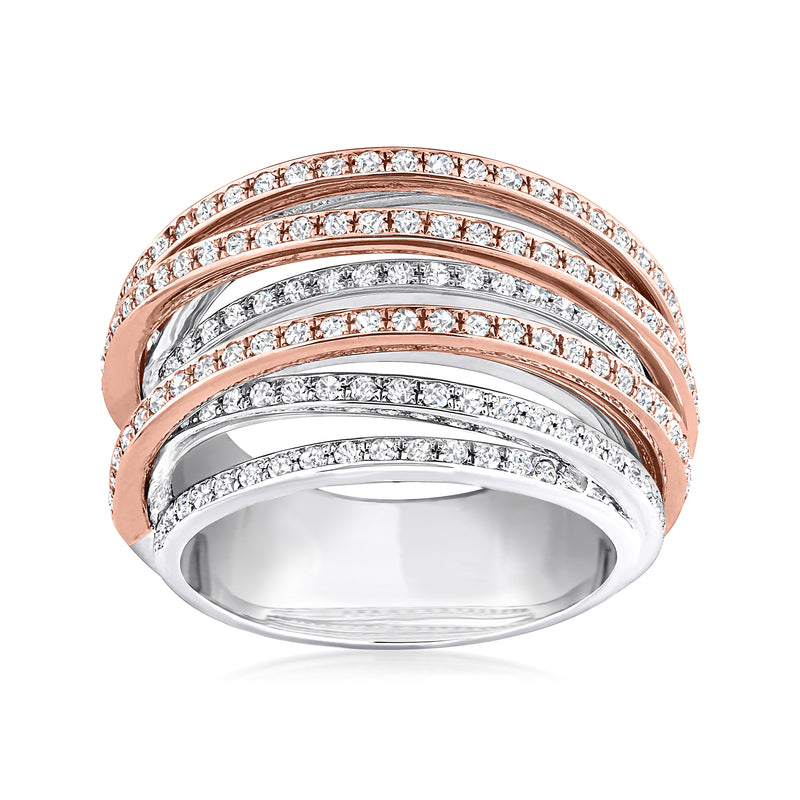 Diamond highway ring in 14kt two-tone gold with stacked curved bands