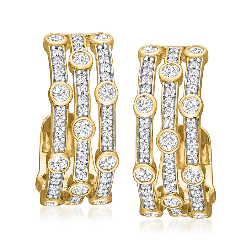 14kt yellow gold hoop earrings with multi-row round diamond accents
