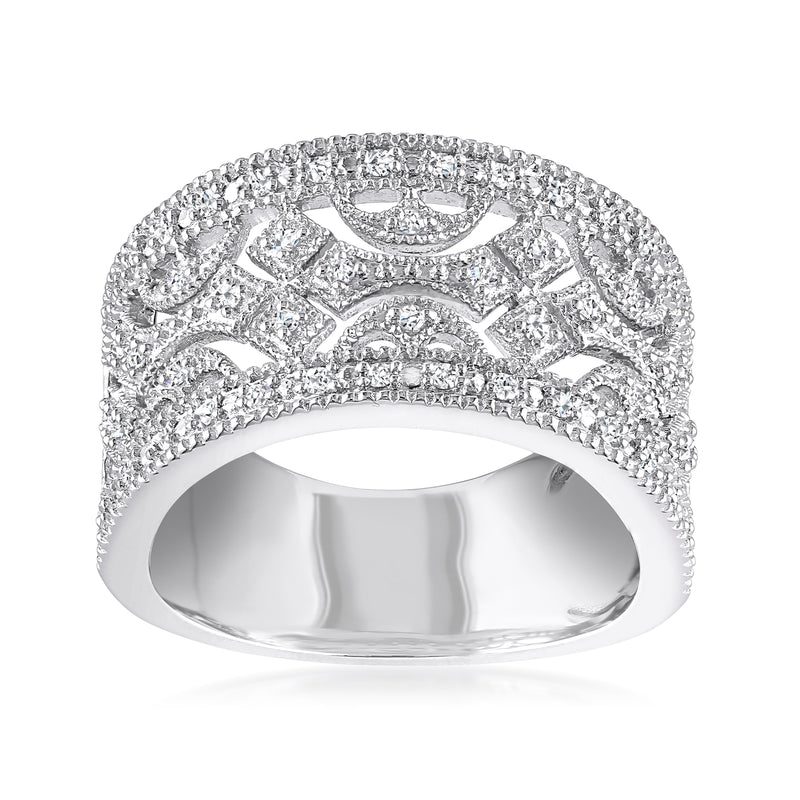 Sterling silver open-space diamond ring with round accents, curved band