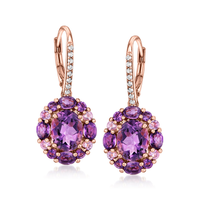 Amethyst drop leverback earrings in rose gold with purple halo and white stones