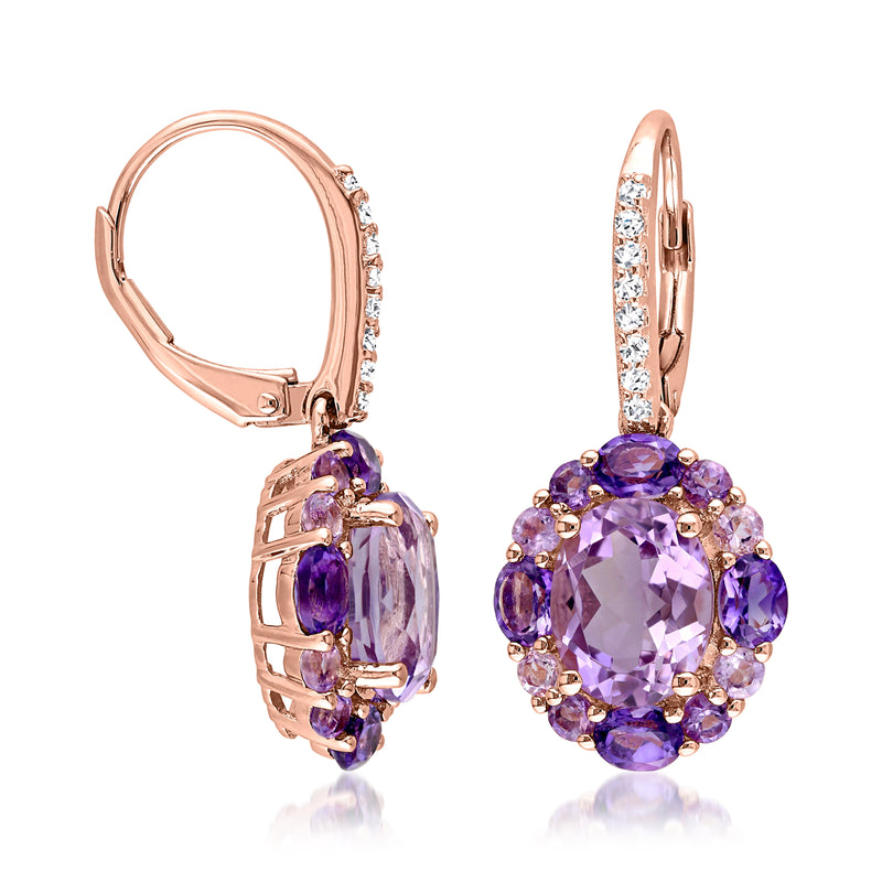 Rose gold leverback amethyst drop earrings with oval purple center and white accents