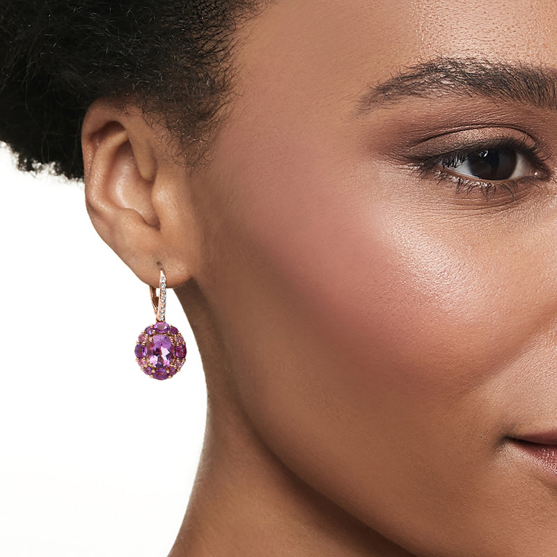 Amethyst drop leverback earrings, purple stones with white sparkle accents