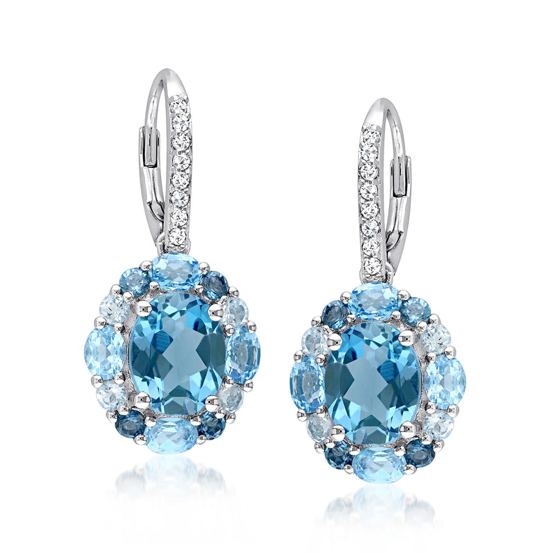 Sterling silver blue topaz drop earrings with white topaz halo
