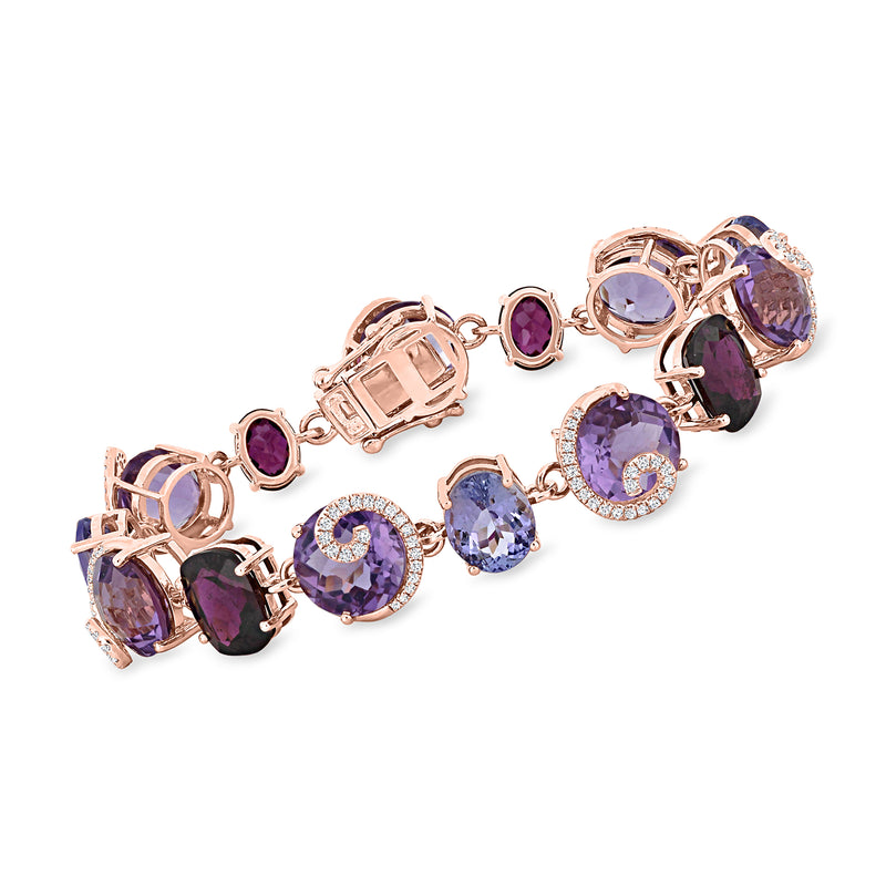 14kt rose gold multi-gemstone bracelet with purple round stones and diamond accents