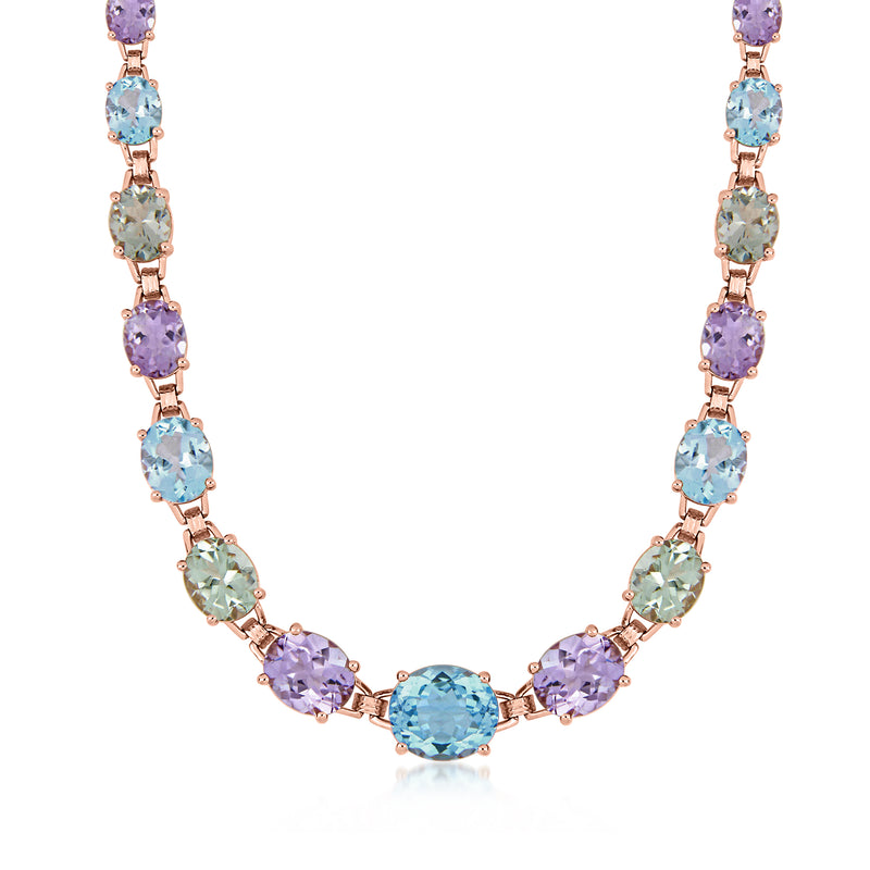 Rose-gold multi-gemstone necklace with oval pastel stones and chain links