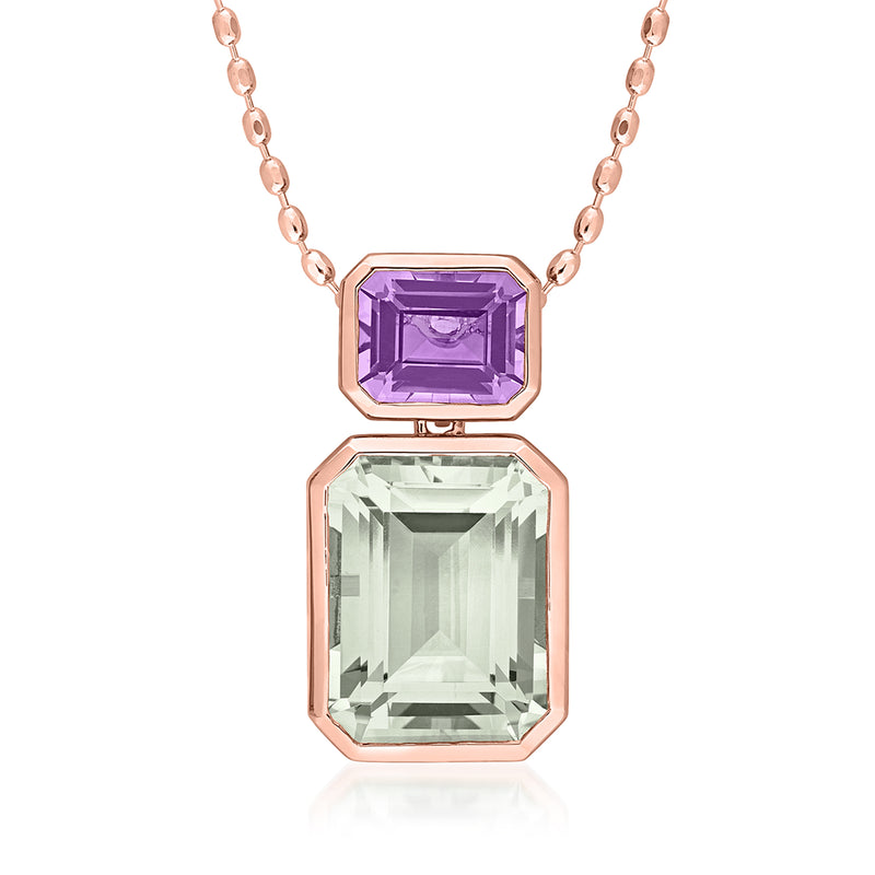 Rose gold necklace with purple amethyst and pale green prasiolite rectangular stones