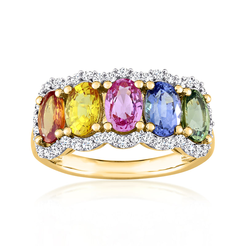 14kt yellow gold multicolored sapphire ring with five oval gemstones and diamond accents