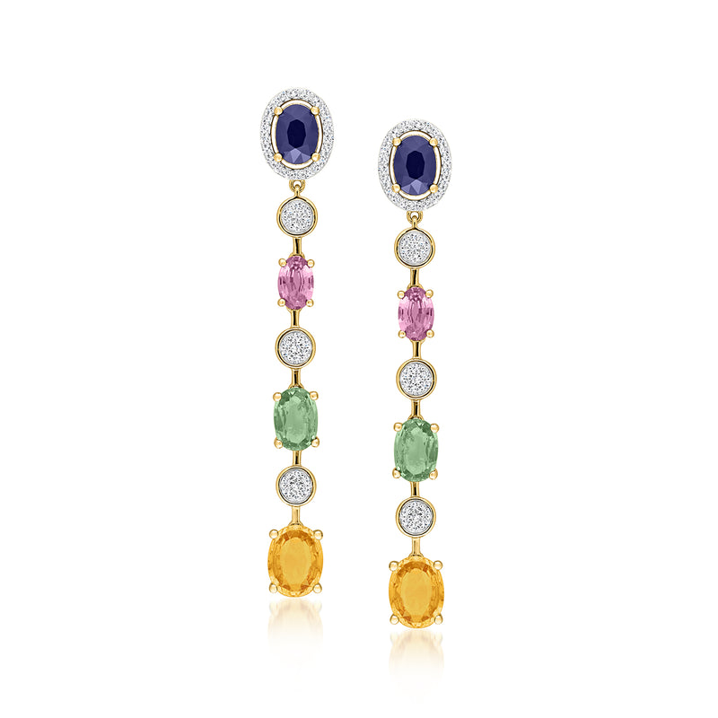 14kt yellow gold multicolor sapphire and diamond drop post earrings