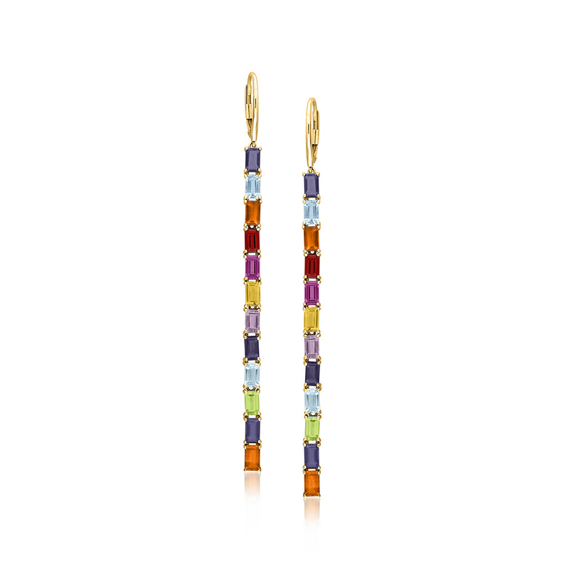 14kt yellow gold leverback drop earrings with multicolor rectangular gemstones