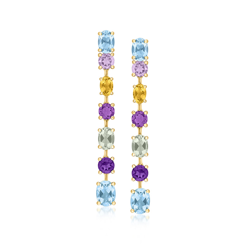 14kt yellow gold multi-gemstone drop earrings with blue, purple, and yellow square stones