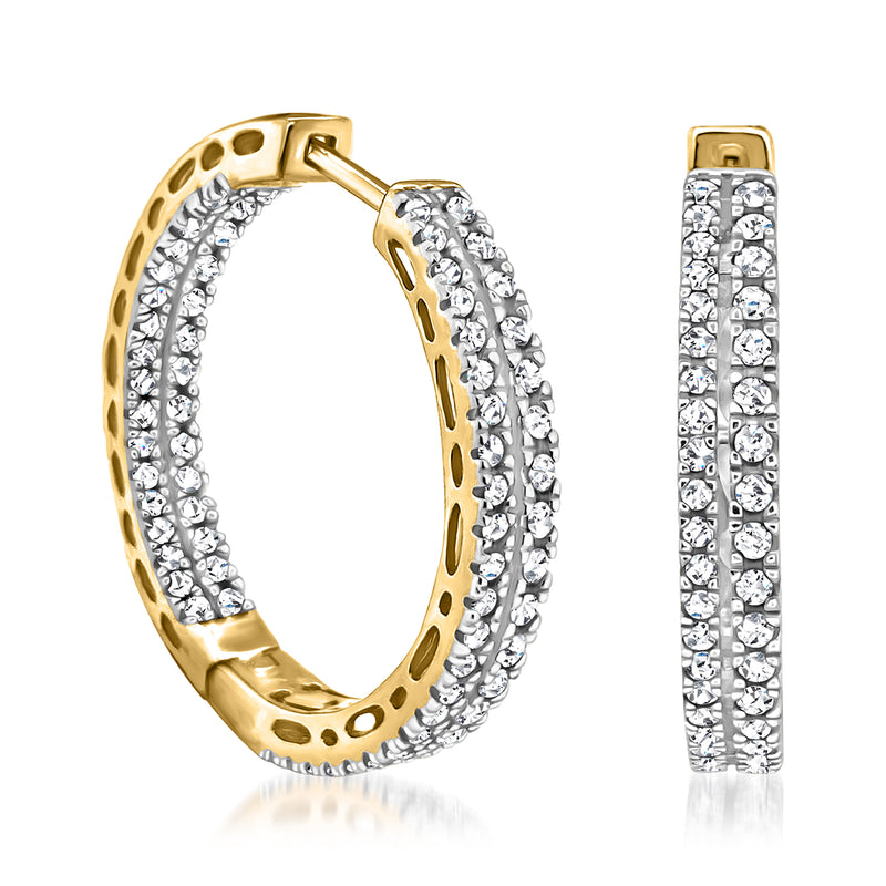Two-row diamond hoop earrings in 14kt yellow gold, hinged with full stone rows