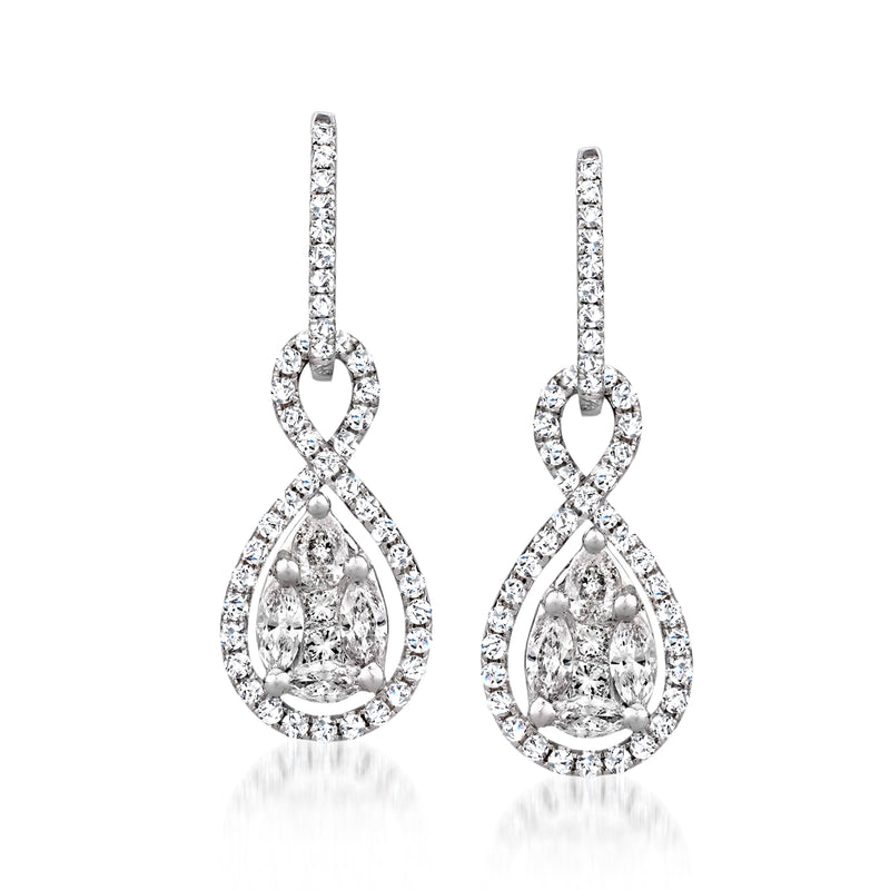 14kt white gold teardrop diamond swirl drop earrings with post backs