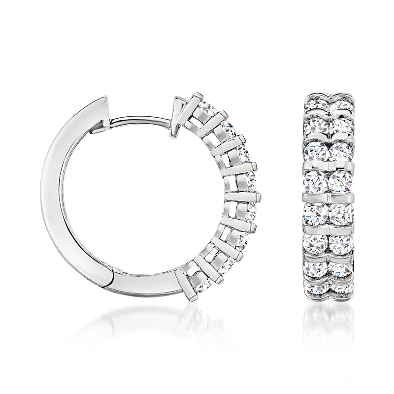 Diamond two-row hoop earrings in 14kt white gold, shown open and front view