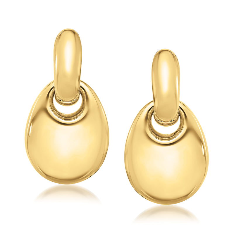 Yellow gold teardrop post earrings with rounded top loop and smooth teardrop drop