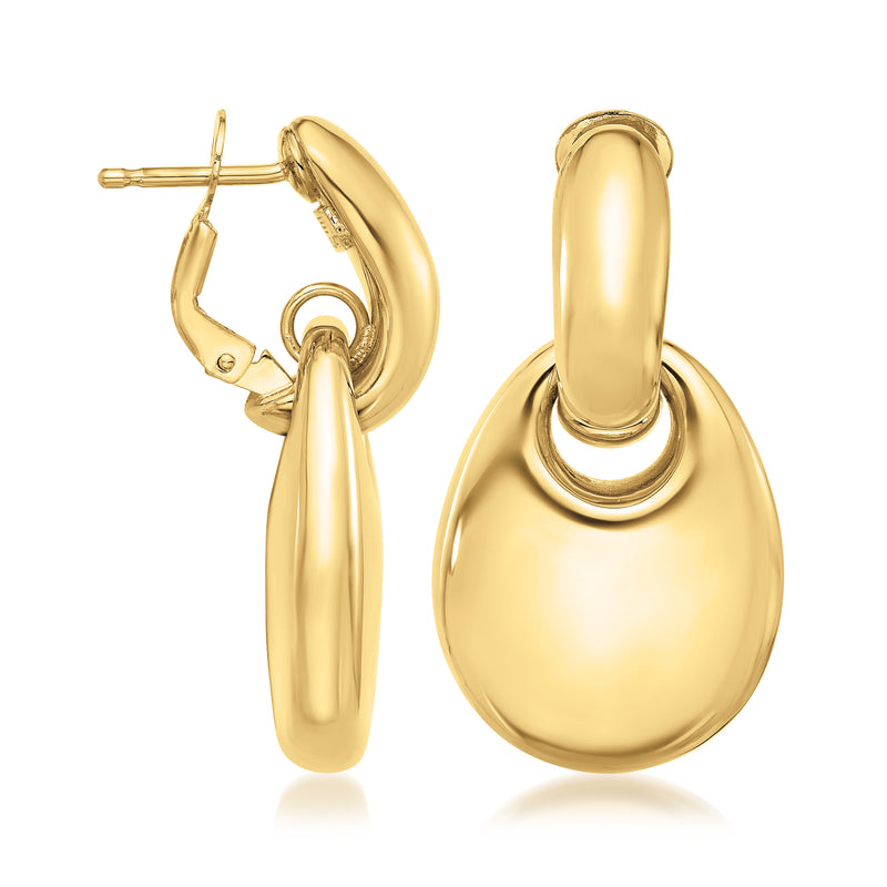Yellow gold teardrop post earrings, side view with visible stud and smooth teardrop