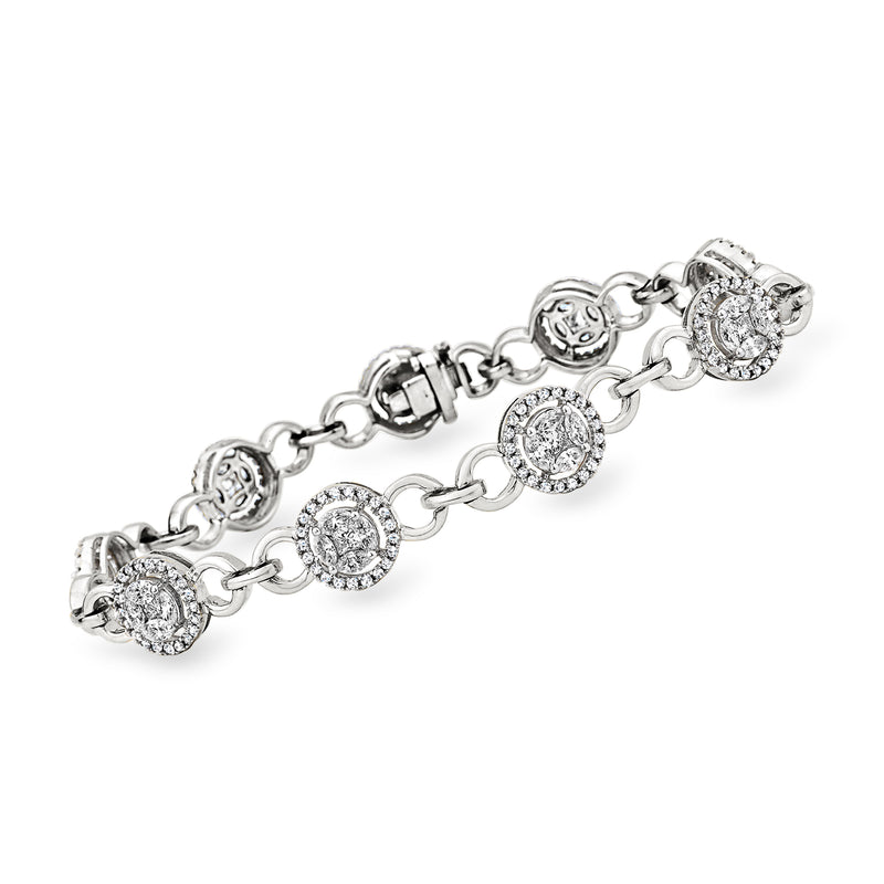 14kt white gold diamond link bracelet with round bezel-set stones in repeating links