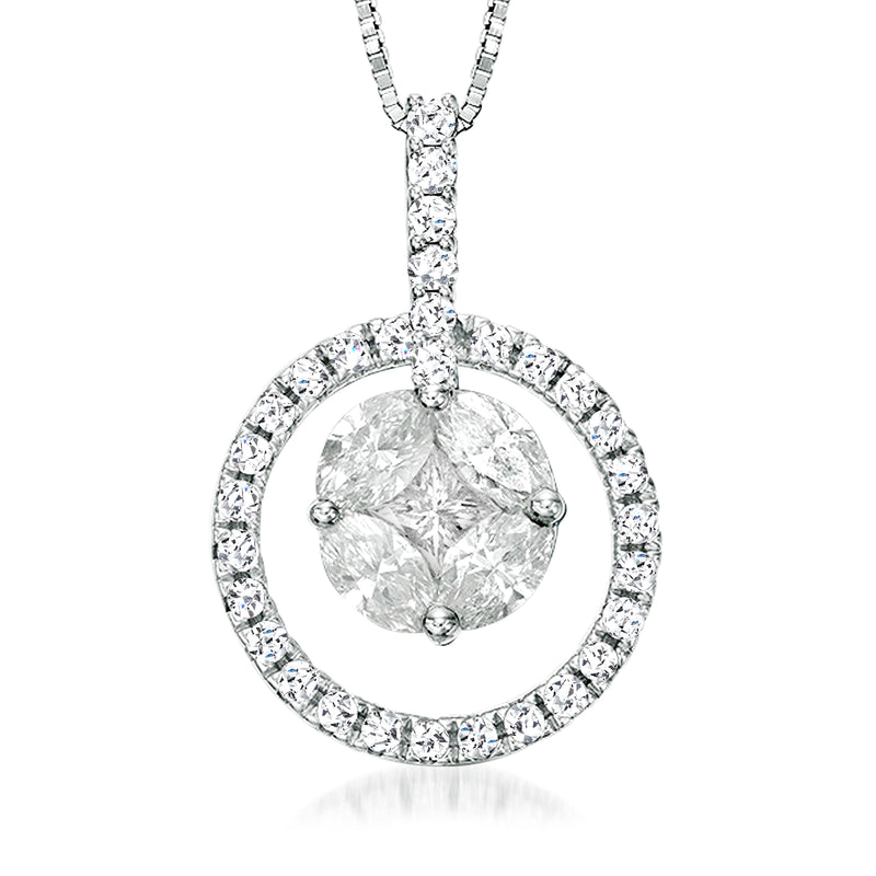 14kt white gold diamond circle cluster pendant necklace with round halo and center stones