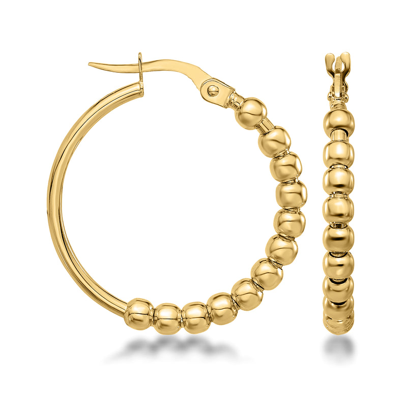 Gold beaded hoop earrings with ball-like segments and hinge clasp