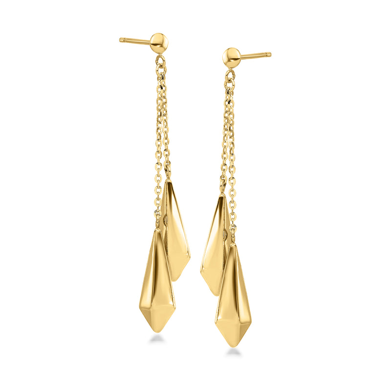 14kt yellow gold puffed triangle drop earrings with chain dangle and stud posts
