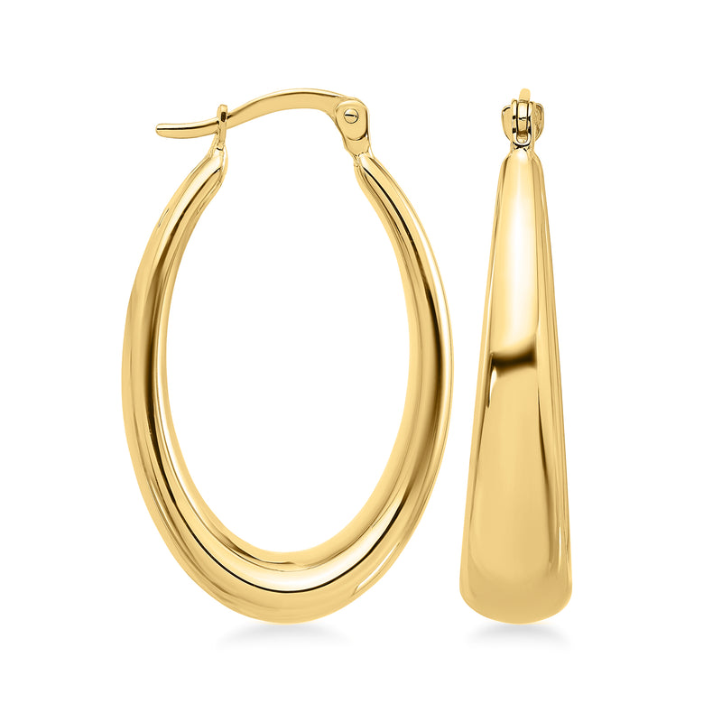 14kt yellow gold tapered oval hoop earrings with hinged clasp, front and side view