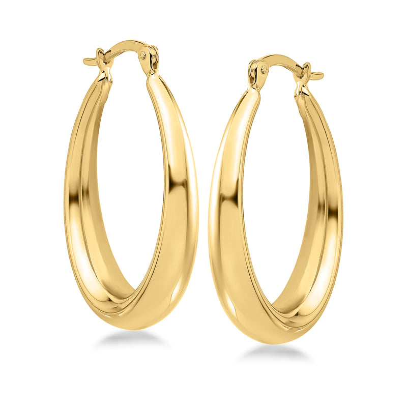 14kt yellow gold tapered oval hoop earrings, two hoops front view