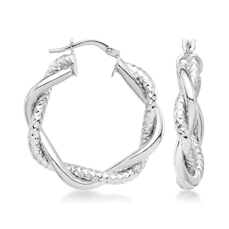 14kt white gold textured twisted hoop earrings with polished shine