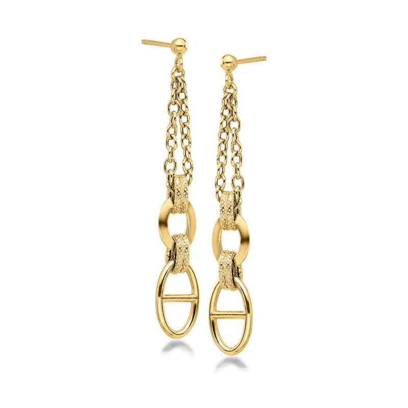 Yellow gold multi-link drop earrings with oval charms and chain dangles, post backs
