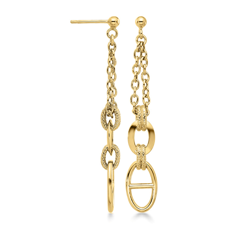 Yellow gold multi-link drop earrings with ring-and-bar charm drops, post backs