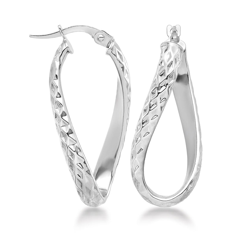 Twisted white gold hoop earrings, textured oval hoops with hinged clasp