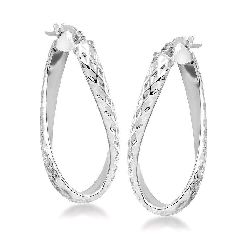 Twisted hoop earrings in white gold, oval hoops with hinged clasp and stud post