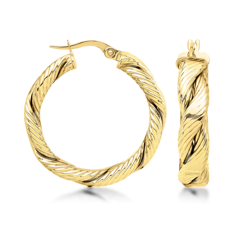 14kt yellow gold braided hoop earrings with twist texture and hinged clasp, pair view