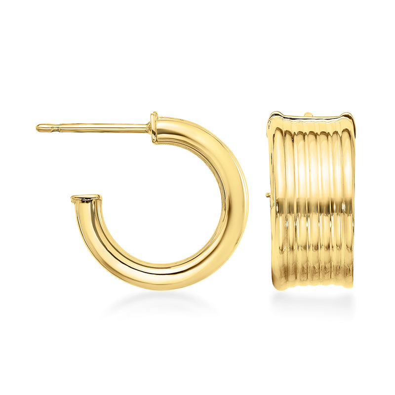 Italian 14kt yellow gold grooved hoop earrings with shiny clasp