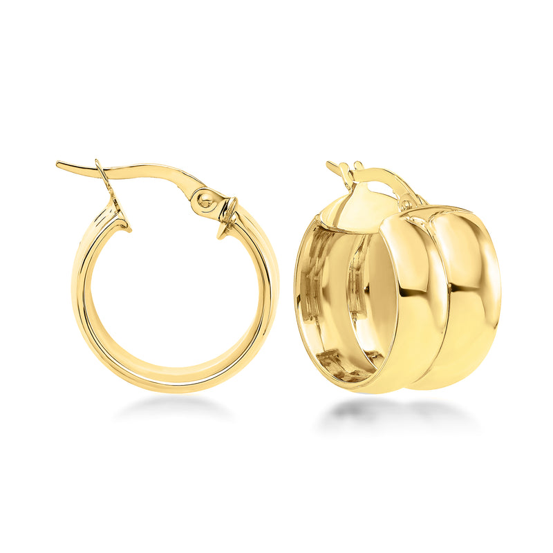 14kt yellow gold puffed huggie hoop earrings, hinged clasp, polished finish