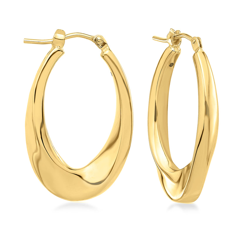 14kt yellow gold oval hoop earrings with twisted texture, hinged with clasp