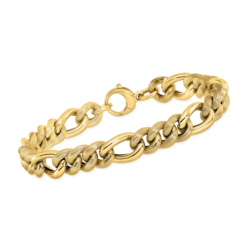 14kt yellow gold figaro-link bracelet with textured and polished links, clasp visible