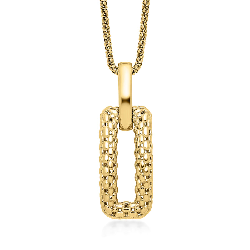 14kt yellow gold open-space rectangle pendant necklace with linked chain and bale