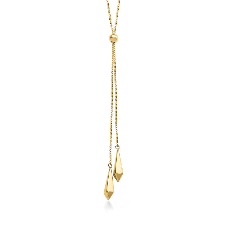 14kt yellow gold Y-necklace with puffed triangle pendants and slim chain