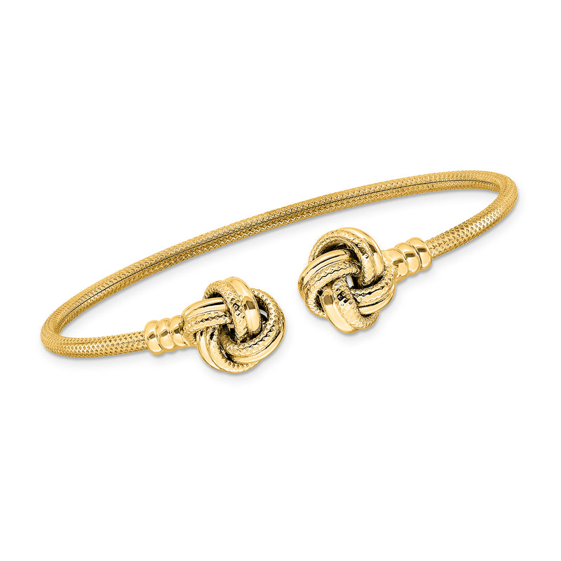 Yellow gold love knot cuff bracelet with hinged knot clasp