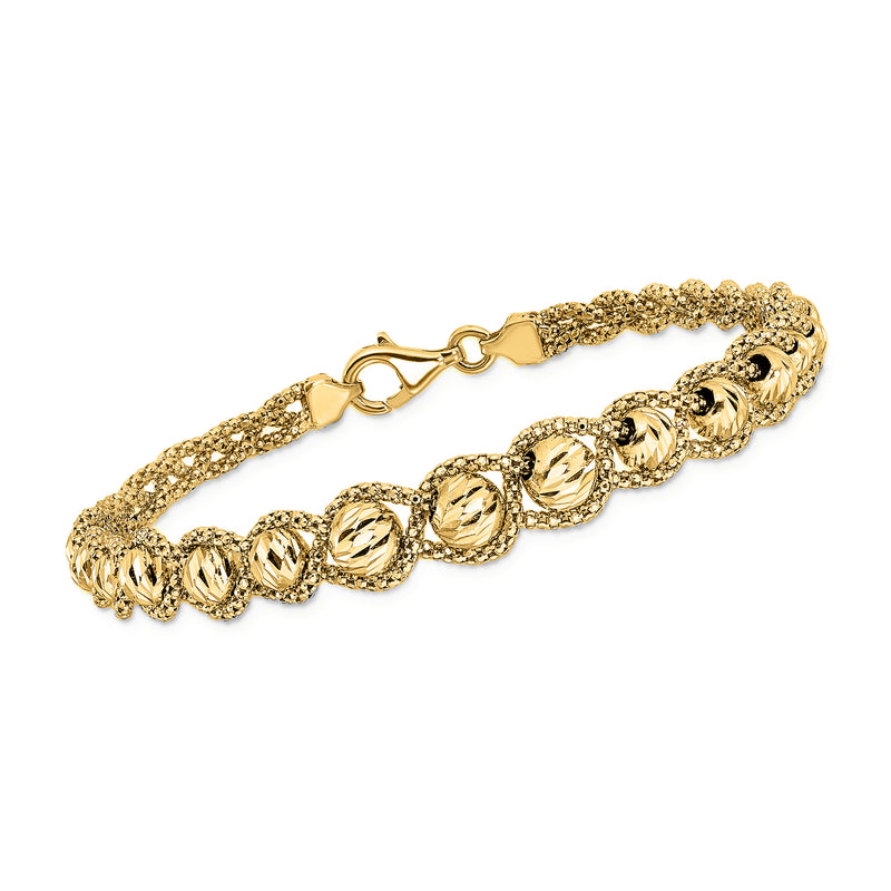 14kt yellow gold bead bracelet with diamond-cut and polished round bead links