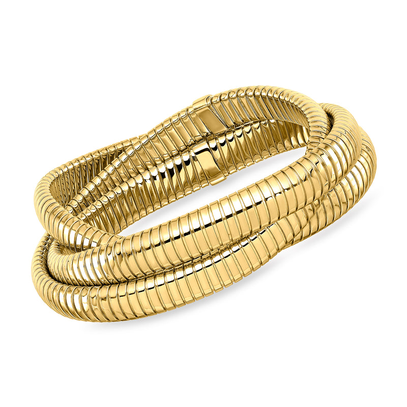 Three-row 14kt yellow gold bangle bracelet with ribbed wire texture