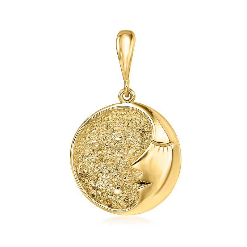 14kt yellow gold man in the moon pendant, round face relief and bail
