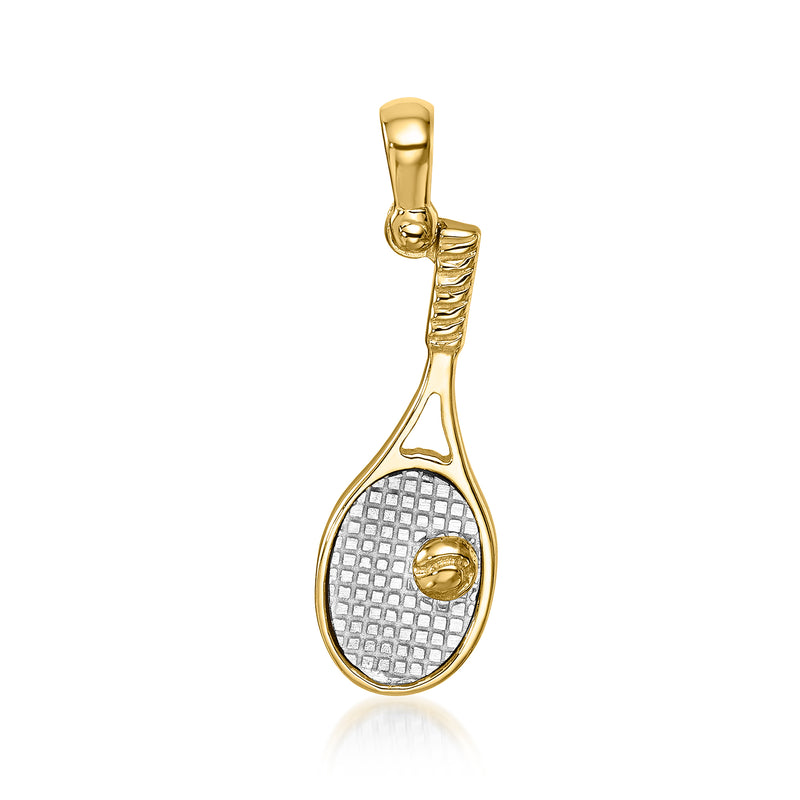 Two-tone 14kt gold tennis racket and ball pendant with textured racquet face