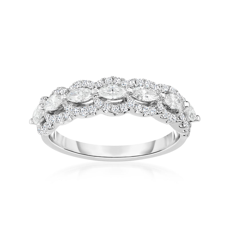 14kt white gold diamond ring with marquise and round stones in shared prong setting
