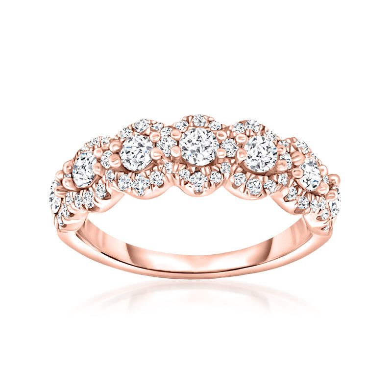 14kt rose gold diamond ring with round brilliant stones in a curved shared-prong setting