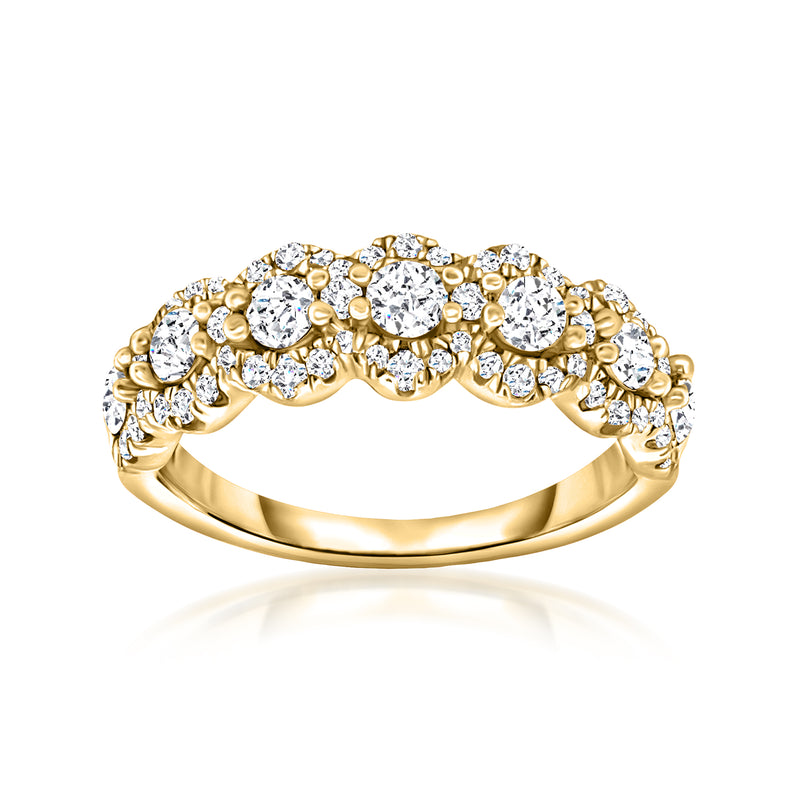 14kt yellow gold diamond band ring with round brilliant stones, polished shank