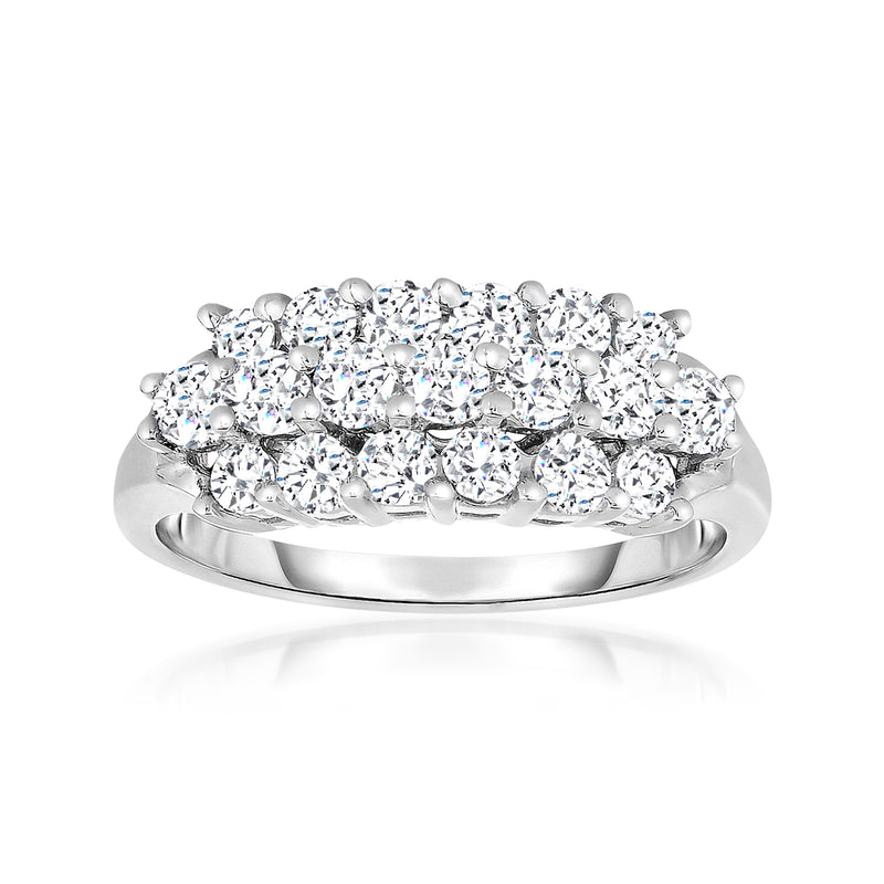 14kt white gold three-row diamond ring with oval and round stones